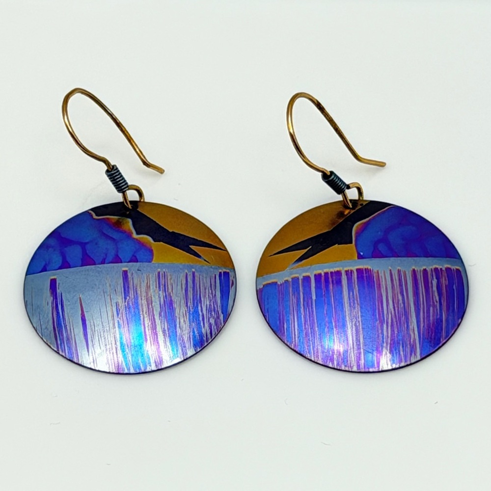 Holly Yashi Niobium Disc Earrings Multicolor Drop Dangle 1” Signed Purple Blue